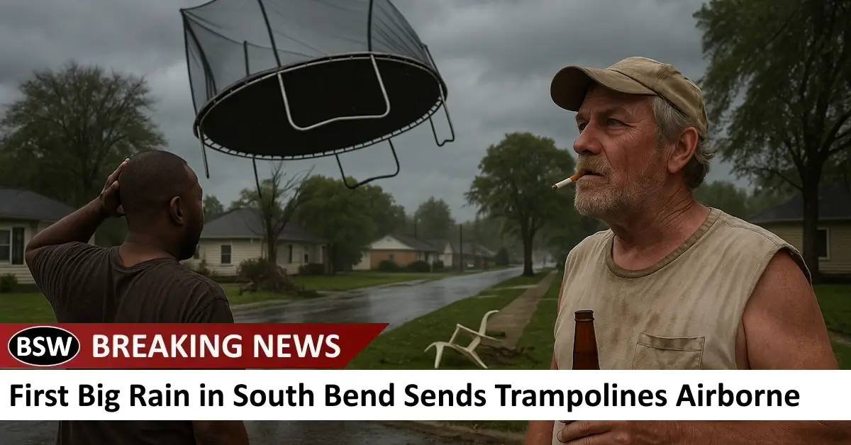 First Big Rain in South Bend Sends Trampolines Airborne