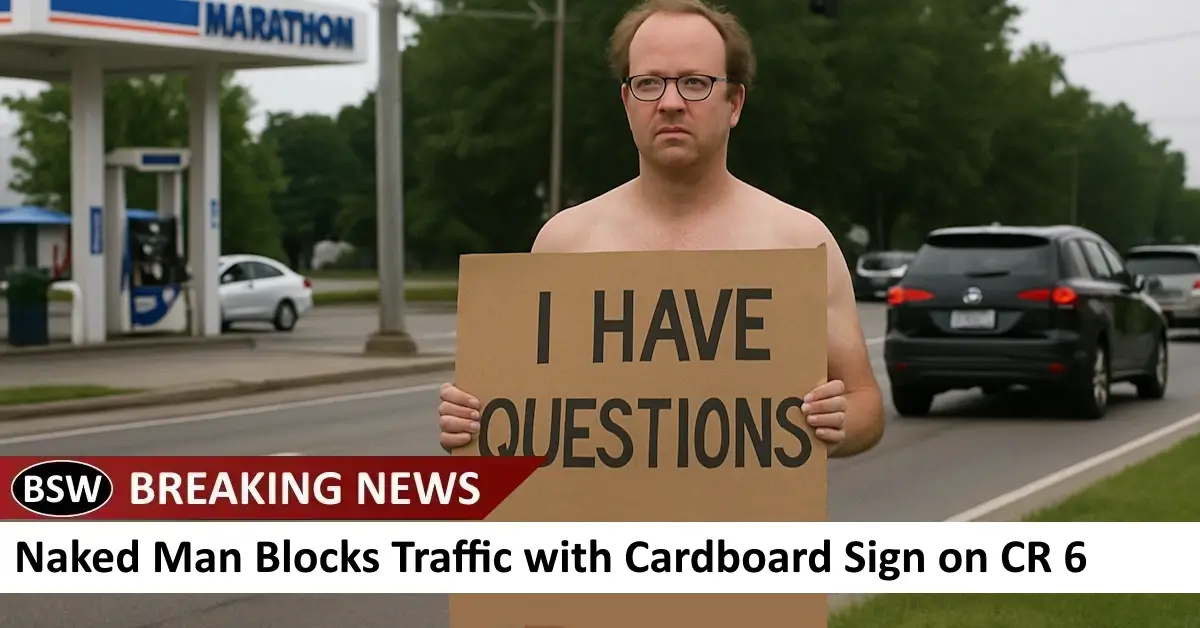 Naked Man Blocks Traffic with Cardboard Sign on CR 6